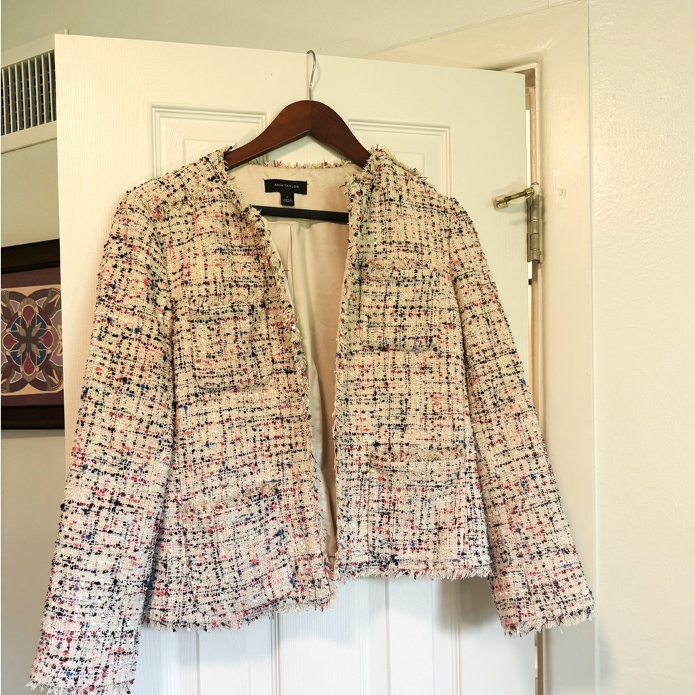 Ann Taylor Tweed Frayed Hem Cream Multi-Color Blazer